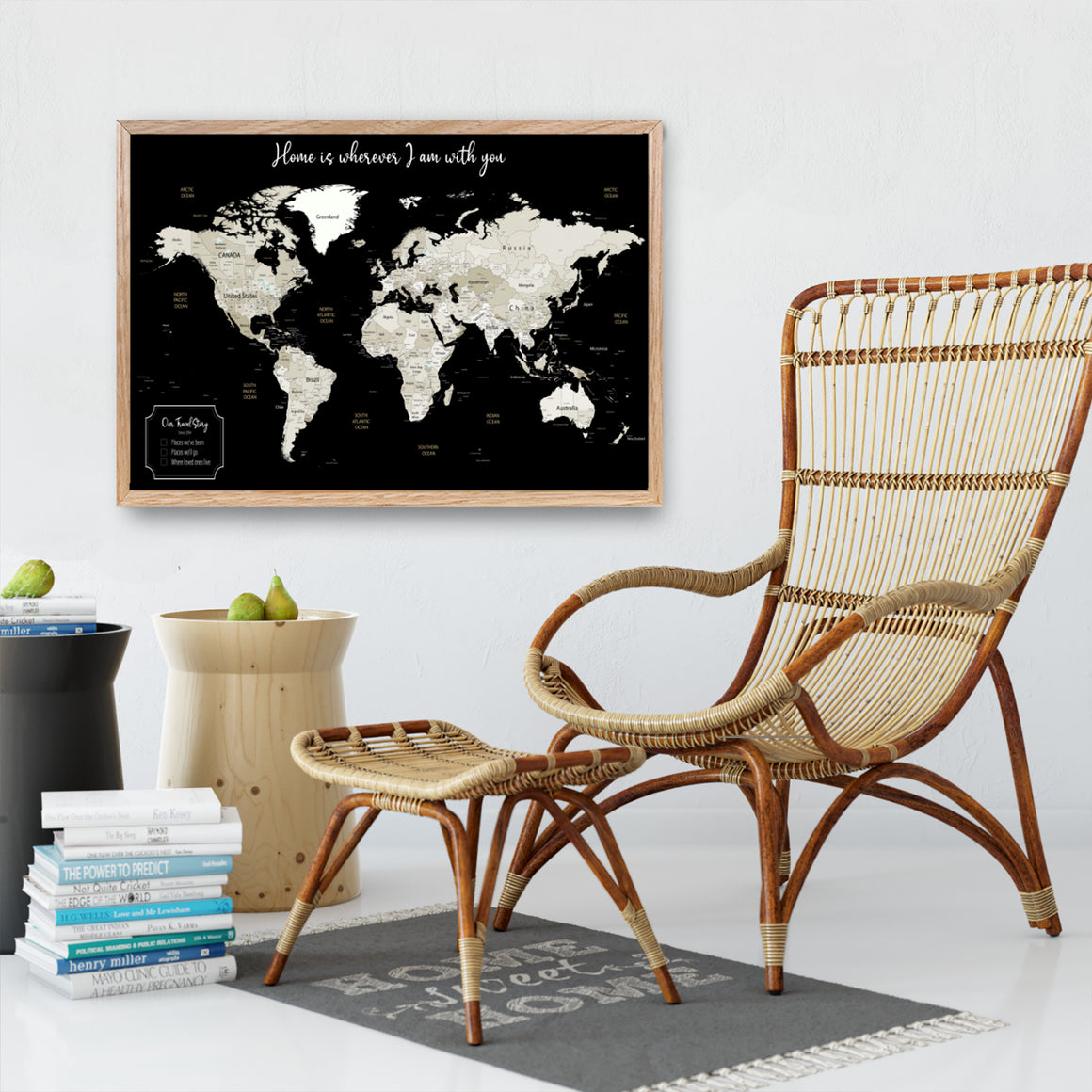 Personalised World Map Framed Pin Board in Black & Whites is a Travel Map Poster Gift. Personalise this Map of the world with an inspirational quote or family names, and track past and future travels by placing pins on the destinations of choice. Available in Large World Map B1, or A1, A2 sizes and Framed in Oak, Black or White frames