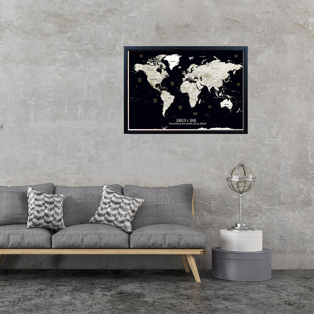 Personalised World Map Poster in Black & Whites. This is a great Travel Map Poster Gift. Personalise this Map of the world with an inspirational quote or family names, and track past and future travels. Available in Large World Map B1, or A1, A2 sizes and Option to upgrade to World Map Framed Pinboard in Oak, Black or White frames