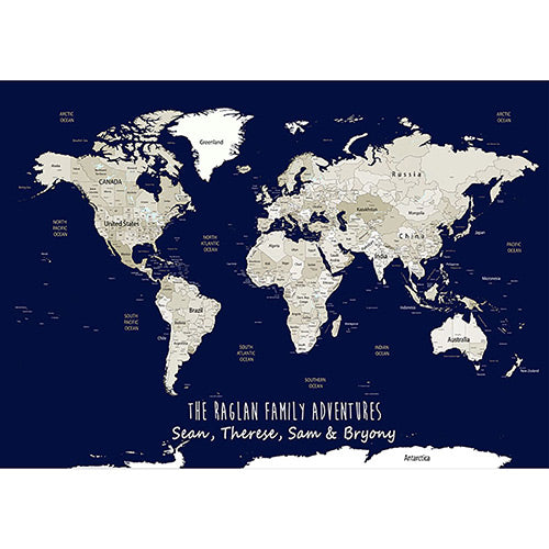 Personalised World Map Poster in Navy & Whites. This is a great Travel Map Poster Gift. Personalise this Map of the world with an inspirational quote or family names, and track past and future travels. Available in Large World Map B1, or A1, A2 sizes and Option to upgrade to World Map Framed Pinboard in Oak, Black or White frames