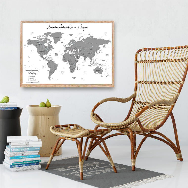 Personalised World Map Framed Pin Board with Legend. The Map of the World can be personalised with your an Inspirational Quote and a Legend detailing your Family Travel Adventures.  A great Personalised Travel Map Gift for couple or Family.