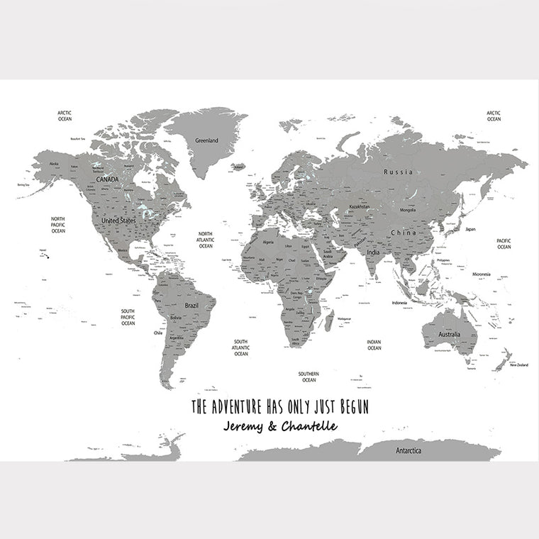Personalised World Map Poster in White & Grey. This is a great Travel Map Poster Gift. Personalise this Map of the world with an inspirational quote or family names, and track past and future travels. Available in Large World Map B1, or A1, A2 sizes and Option to upgrade to World Map Framed Pinboard in Oak, Black or White frames