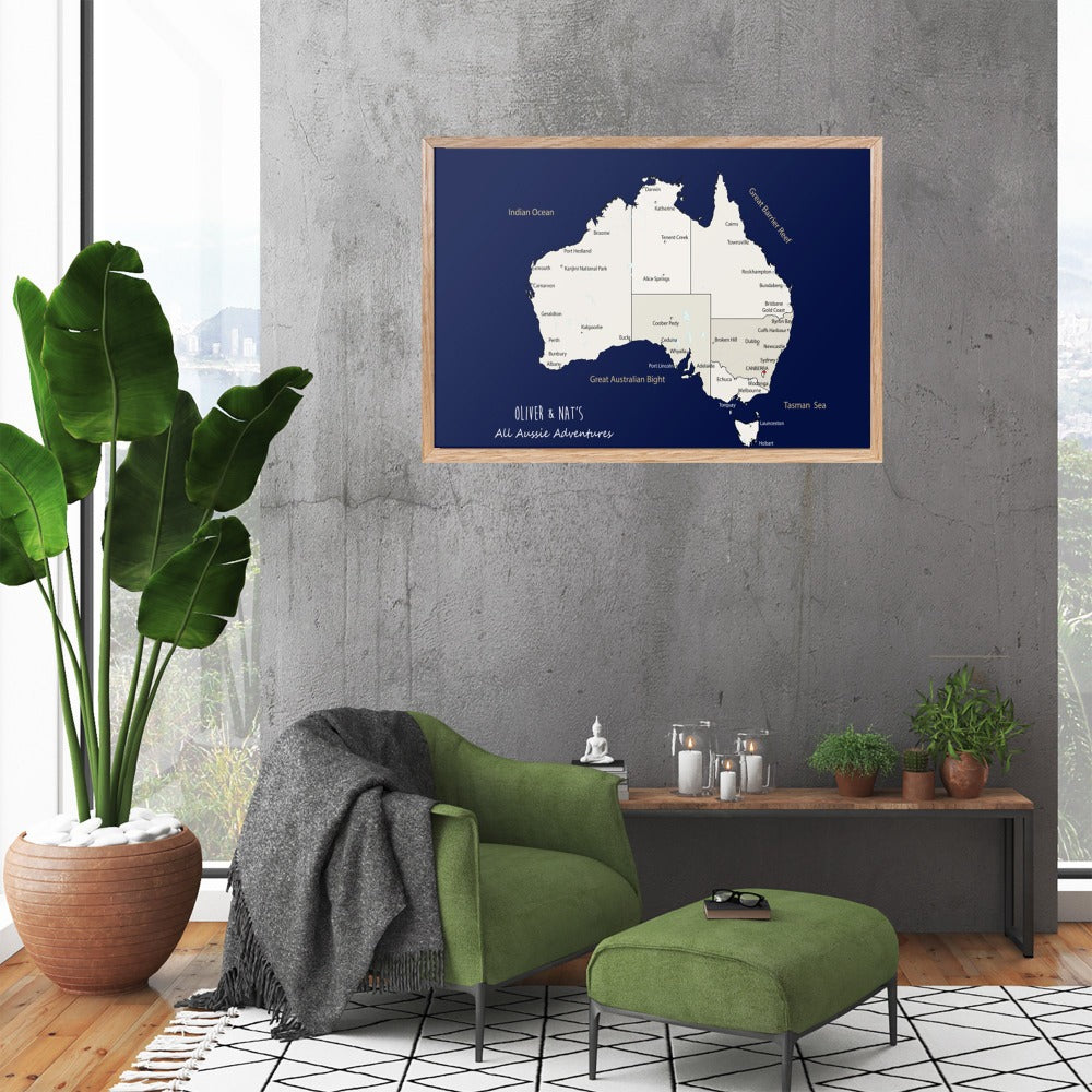 Personalised Large Framed World Map Pinboard, Australia Map Wall Art, Travel Map Wall Art, Framed Pin Board