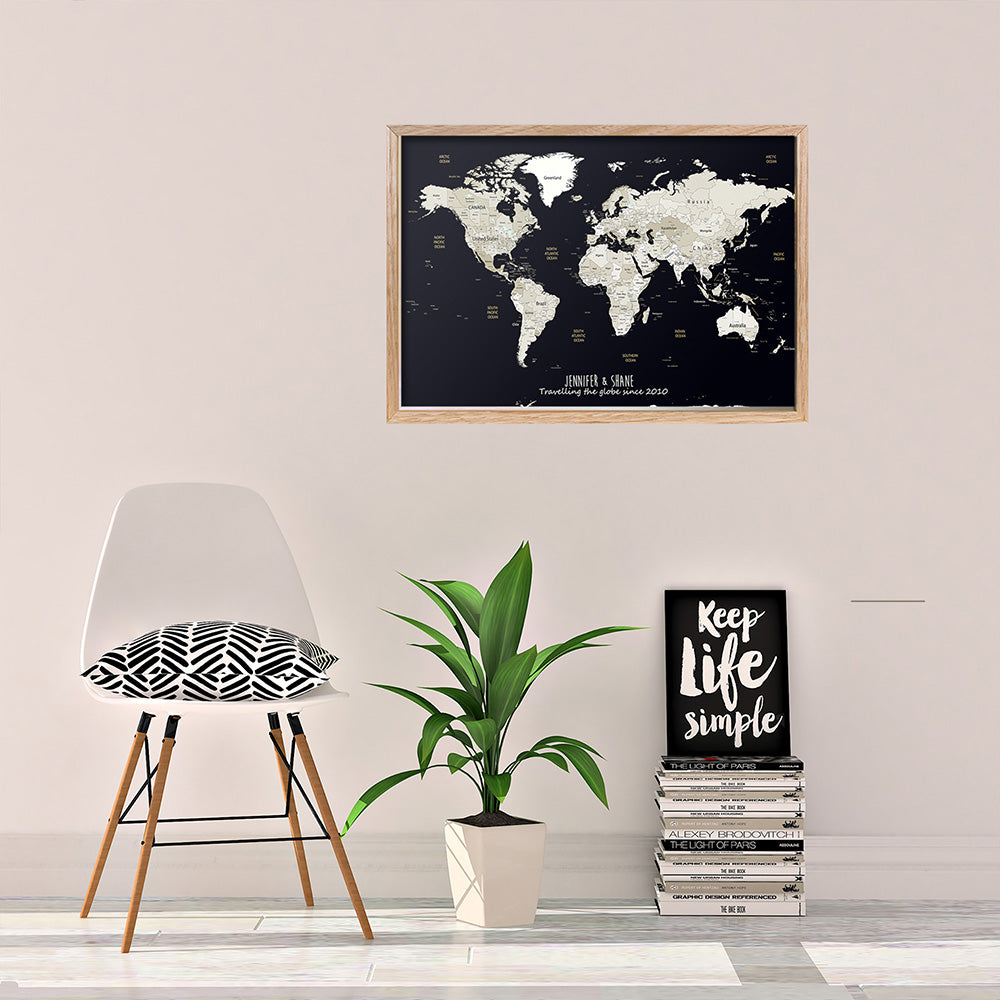 Personalised World Map Framed Pin Board in Black & Whites is a perfect addition to any home. Personalise this Map with an inspirational quote or family names, and track past and future travels by placing pins on the destinations of choice