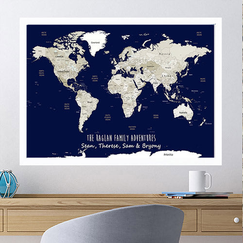 Personalised World Map Framed Pin Board in Navy & Whites is a Travel Map Poster Gift. Personalise this Map of the world with an inspirational quote or family names, and track past and future travels by placing pins on the destinations of choice. Available in Large World Map B1, or A1, A2 sizes and Framed in Oak, Black or White frames