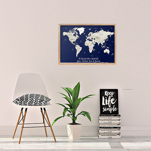 Personalised World Map Framed Pin Board in Navy & Whites is a Travel Map Poster Gift. Personalise this Map of the world with an inspirational quote or family names, and track past and future travels by placing pins on the destinations of choice. Available in Large World Map B1, or A1, A2 sizes and Framed in Oak, Black or White frames