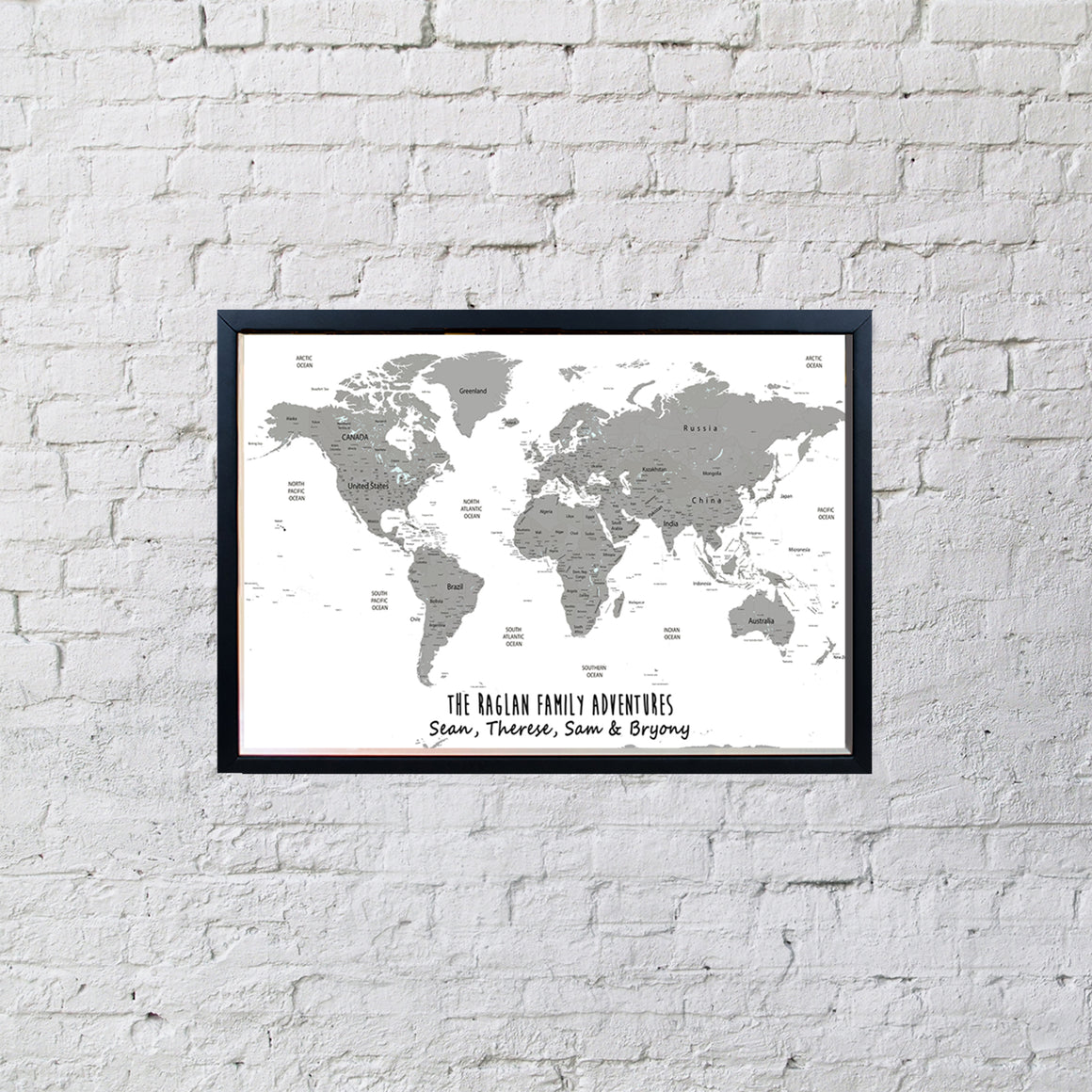 Personalised World Map Framed Pin Board in White & Grey is a perfect addition to any home. Personalise this Map with an inspirational quote or family names, and track past and future travels by placing pins on the destinations of choice.