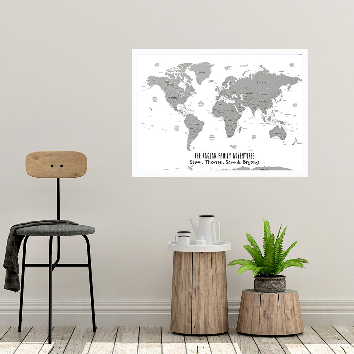 Personalised World Map Framed Pin Board in White & Grey is a perfect addition to any home. Personalise this Map with an inspirational quote or family names, and track past and future travels by placing pins on the destinations of choice.