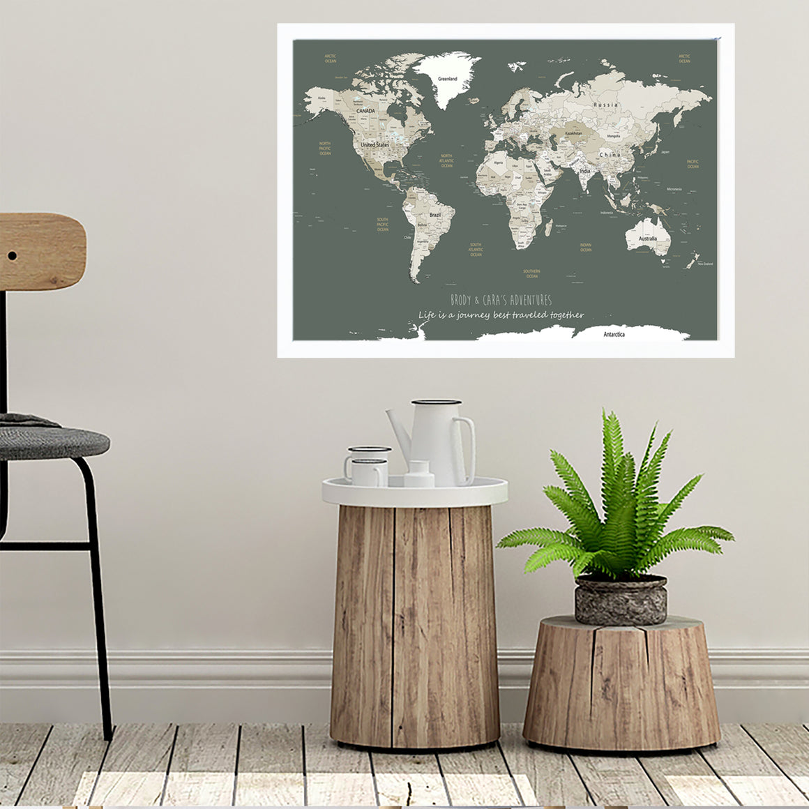 Personalised World Map Framed Pin Board Sage Green and Whites. Our World Map Pin Boards make for a great Housewarming Gift, Gift for Her, or Travel gift.  Personalised Map includes inspirational travel quote and family details.