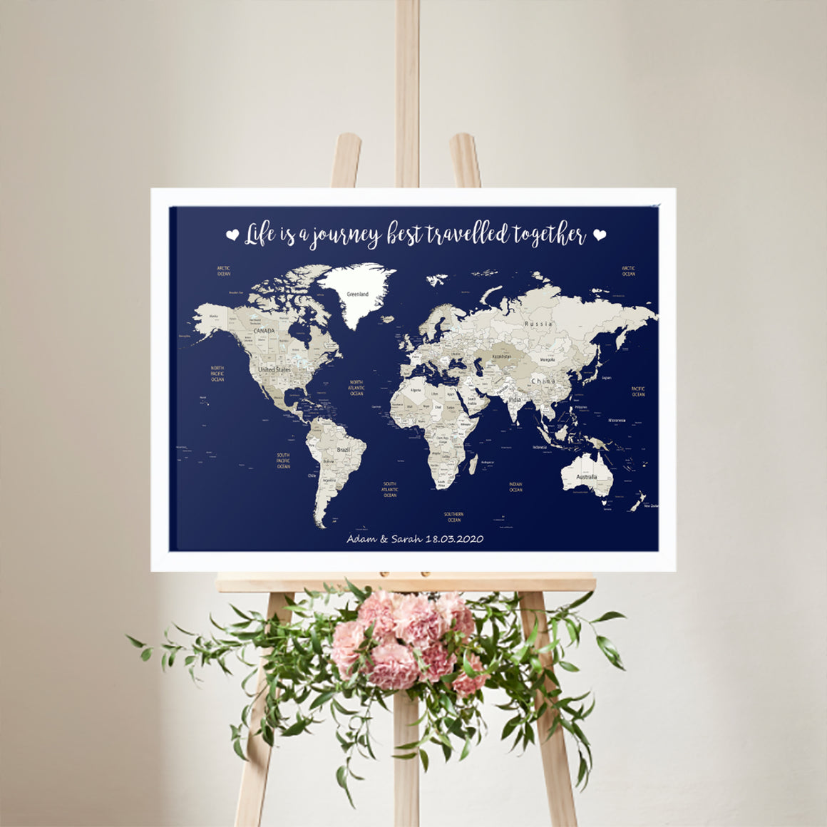 100x70cm Large Personalised World Map Framed Pin Board Wedding Gift